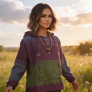 Cotton Baja Hoodie With Pocket - Tri Color (Plum)